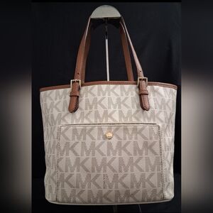 Michael Kors Beige And Tan Jet Set Medium Signature Tote